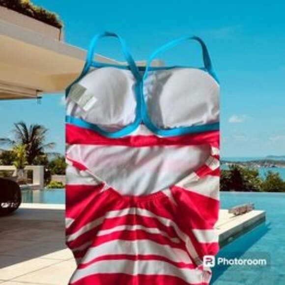 Women's Nike Swimsuit One Piece Size 8 M Red & White Striped Blue Trim Logo EUC - Picture 6 of 7